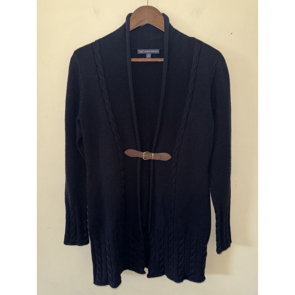 Brooks Brothers 346 100% Merino Wool Leather Buckle Cable Knit Cardigan XS